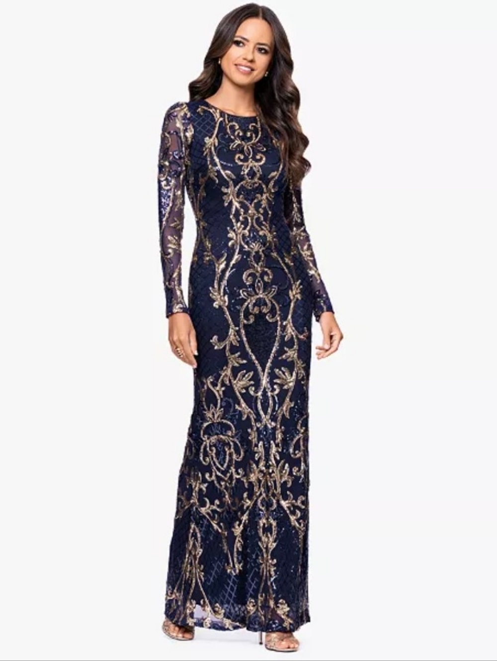 Navy and Gold Long Sleeve Sequin Evening Dress